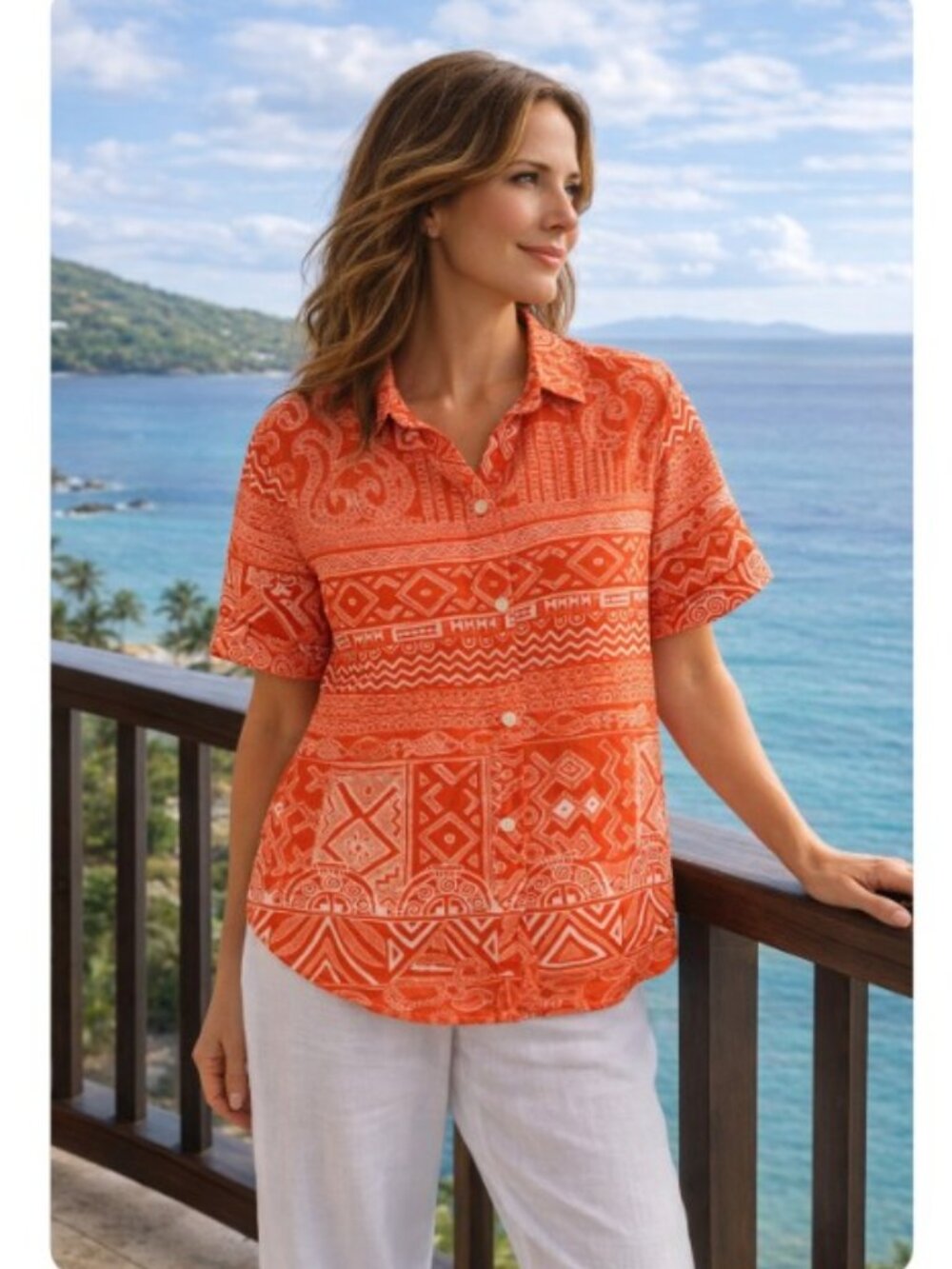 Additions by Chico's Orange & White Island Print Summer Cotton Shirt Sz 2